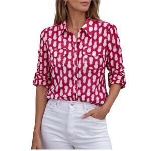 Talbots women's button-up shirt pink and white pineapple print Size M